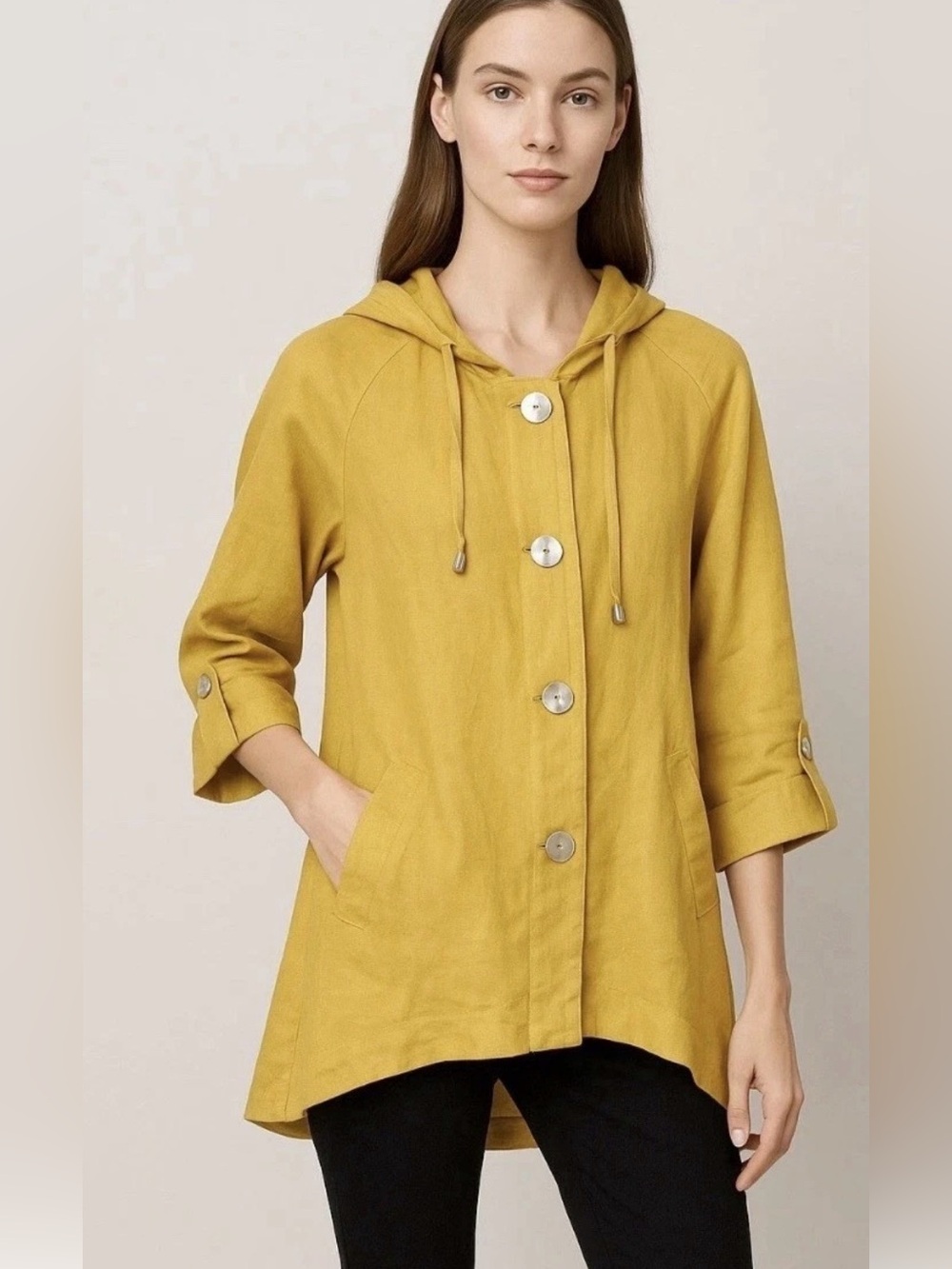 Sigrid Olsen 100% Linen Hooded Jacket Med Mustard Yellow Lagenlook Coastal - Picture 5 of 8